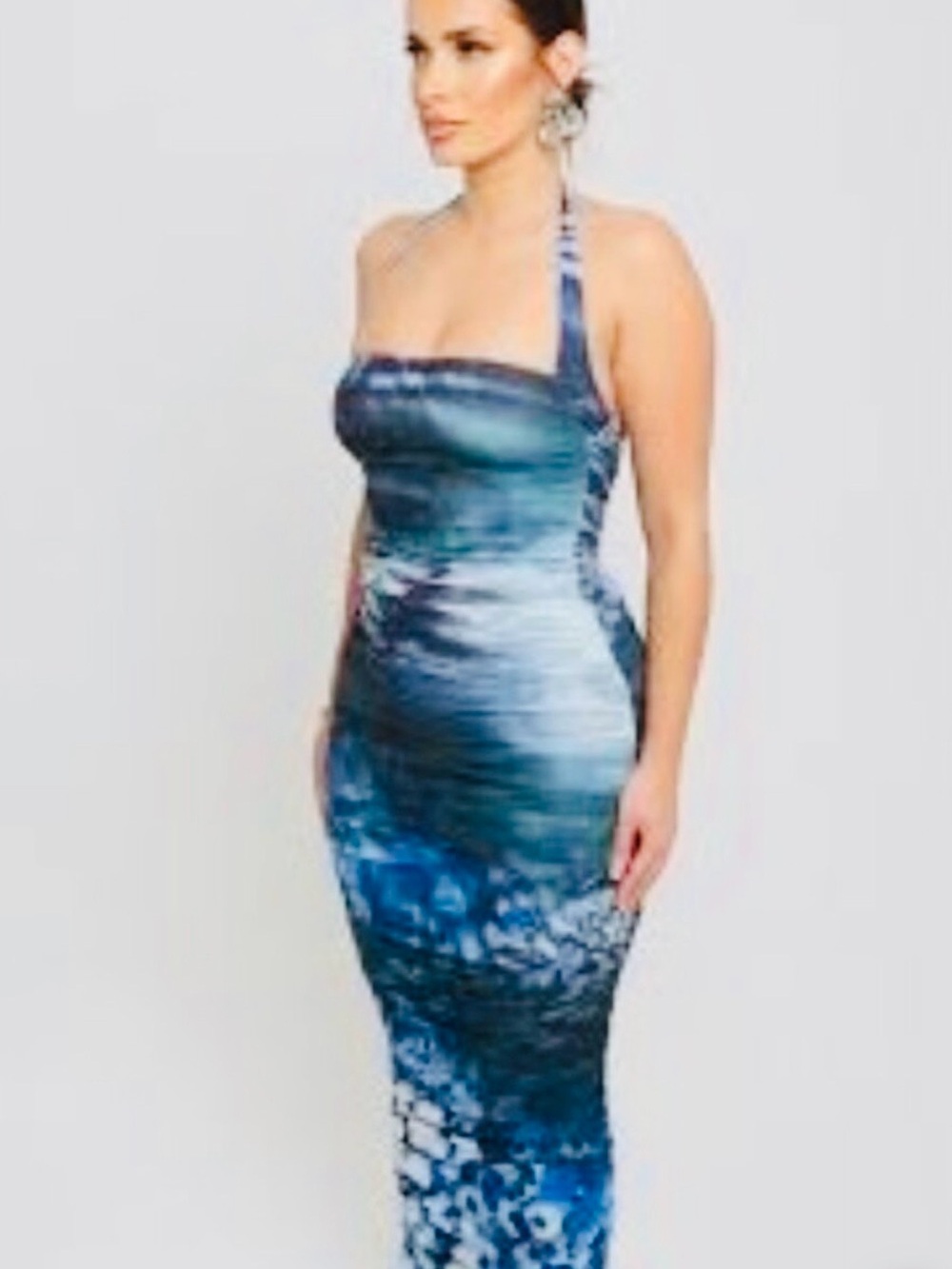 NWT Farai London x REVOLVE Blue Mesh Ruched Halter Maxi Dress L